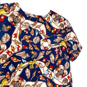 100% Silk Y2K Boxy Nautical Blouse w Shoulder Pads Chain & Scarf Print Sz Small